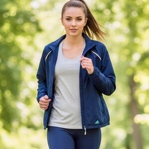Adidas Windbreaker Jacket Women XL Navy Blue Full Zip Vented 3 Stripe Athleisure